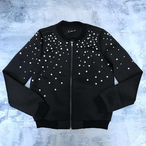 SHEIN Tops - SHEIN Pearl Embellished Bomber Jacket